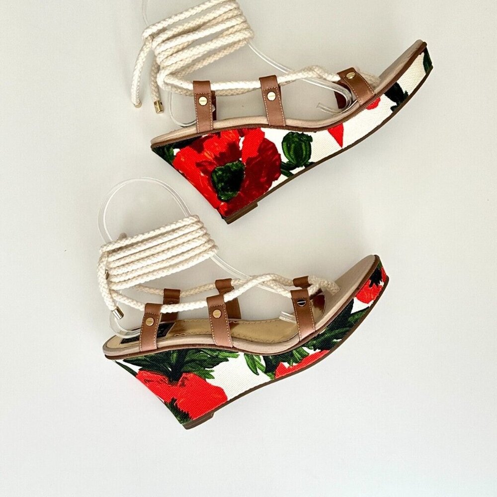 NEW MILLY X SPERRY TOP-SIDER Floral Rope Lace Up Wedge Sandals in Red Sze 8
